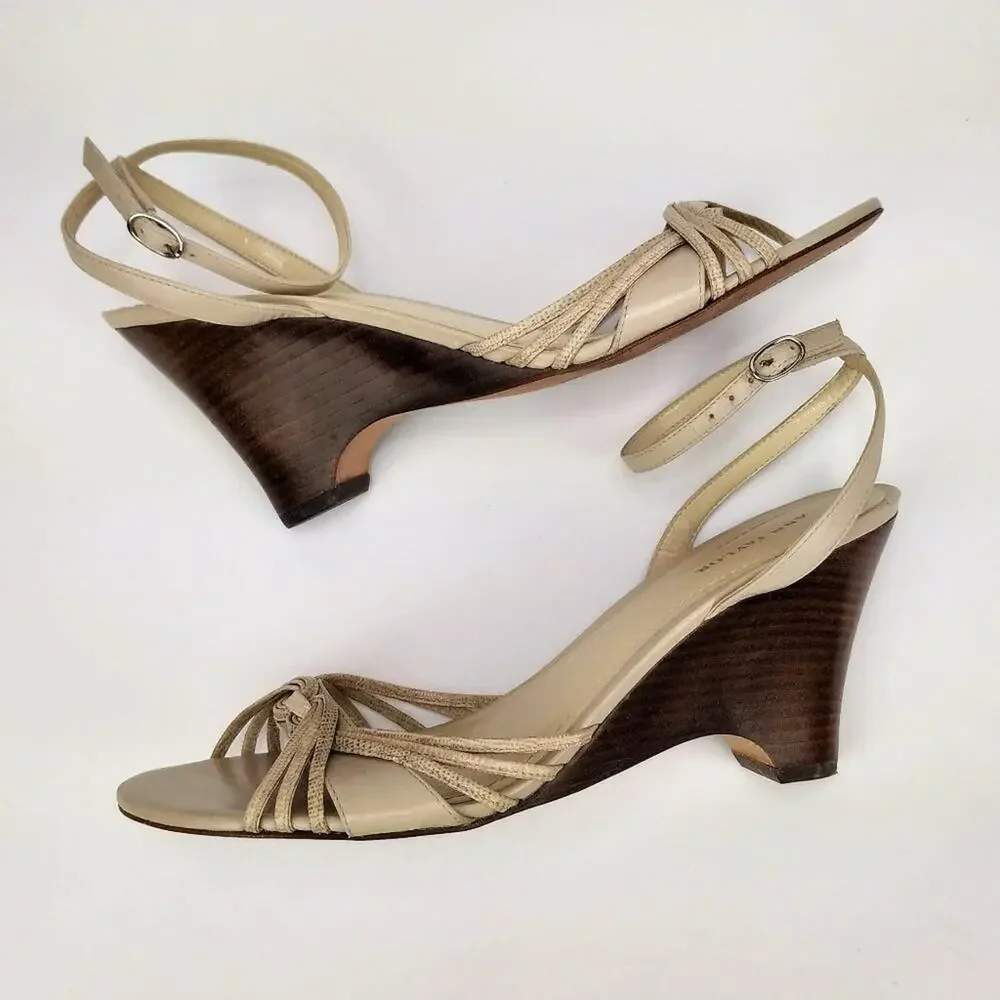 Ann Taylor Beige Leather Ankle Wrap Wedges